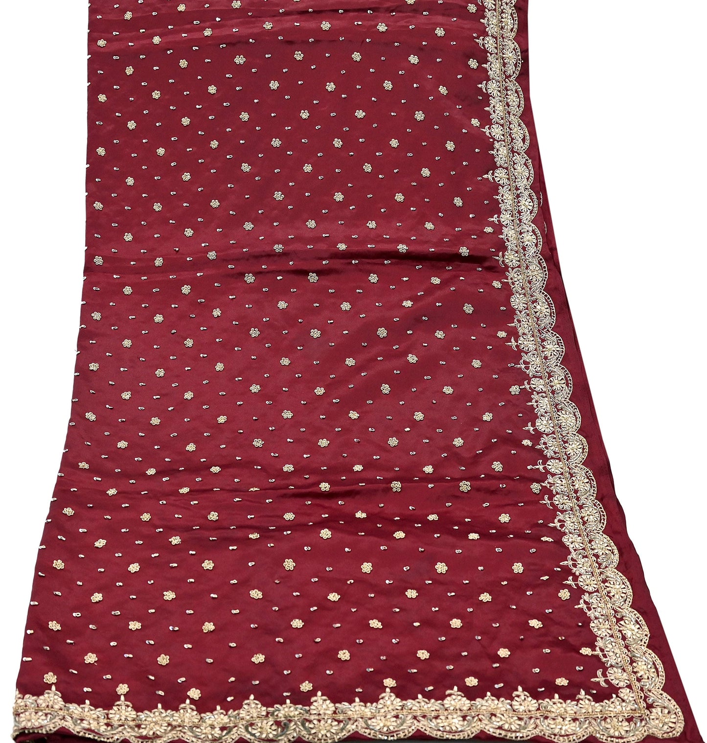 Indian Vintage Heavy Wedding Maroon Dupatta Pure Satin Silk Long Stole Hand Embroidered Scarves Golden Zardozi Bridal Veil