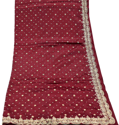 Indian Vintage Heavy Wedding Maroon Dupatta Pure Satin Silk Long Stole Hand Embroidered Scarves Golden Zardozi Bridal Veil