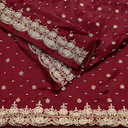 Indian Vintage Heavy Wedding Maroon Dupatta Pure Satin Silk Long Stole Hand Embroidered Scarves Golden Zardozi Bridal Veil