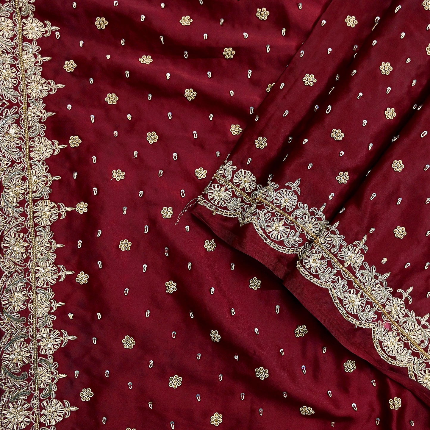 Indian Vintage Heavy Wedding Maroon Dupatta Pure Satin Silk Long Stole Hand Embroidered Scarves Golden Zardozi Bridal Veil