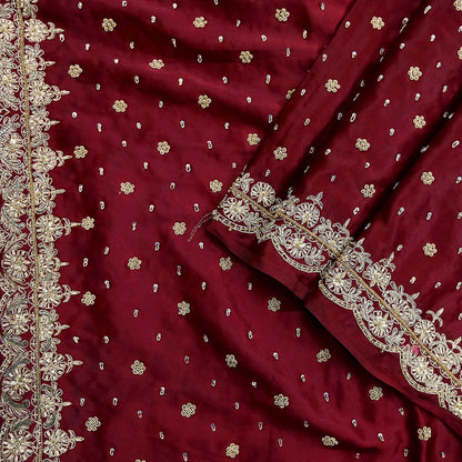 Indian Vintage Heavy Wedding Maroon Dupatta Pure Satin Silk Long Stole Hand Embroidered Scarves Golden Zardozi Bridal Veil