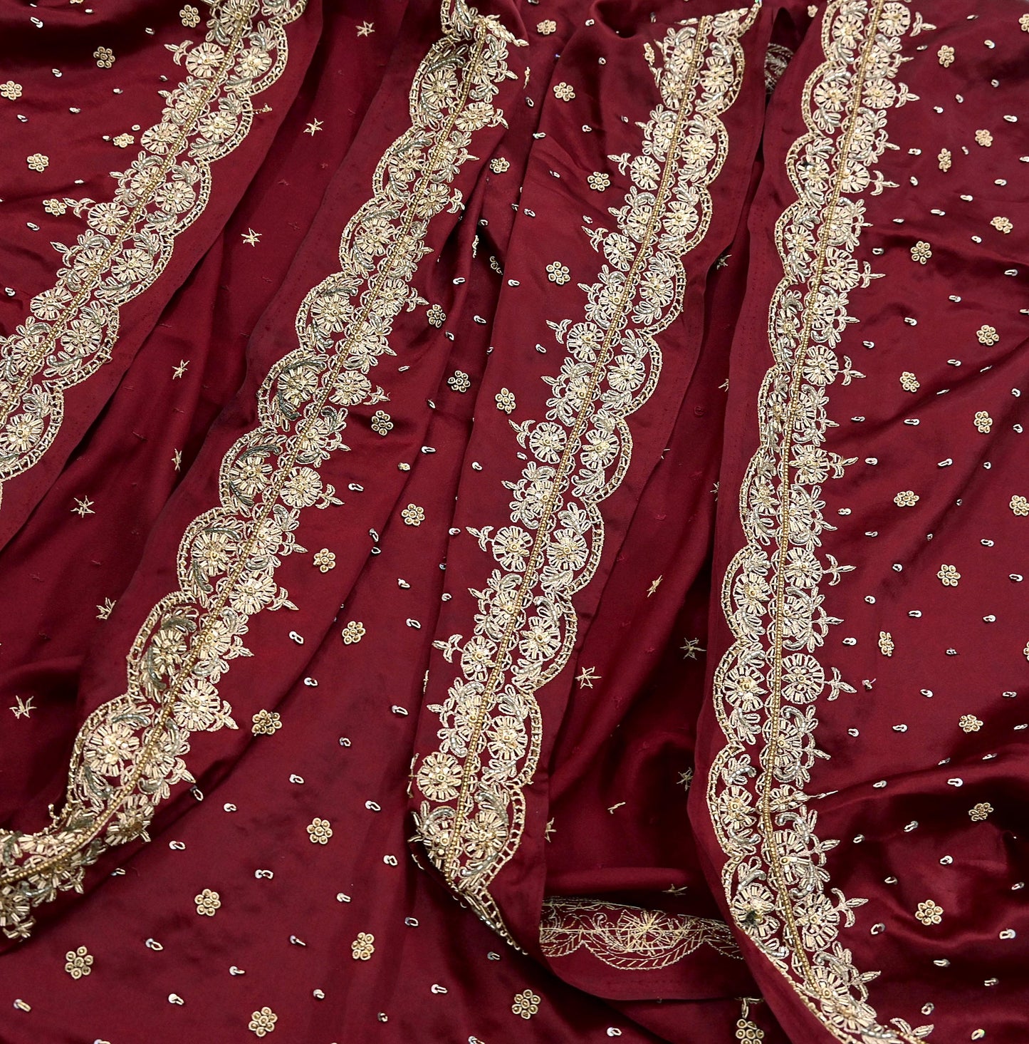 Indian Vintage Heavy Wedding Maroon Dupatta Pure Satin Silk Long Stole Hand Embroidered Scarves Golden Zardozi Bridal Veil