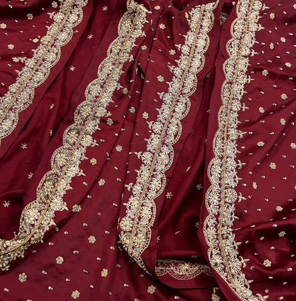 Indian Vintage Heavy Wedding Maroon Dupatta Pure Satin Silk Long Stole Hand Embroidered Scarves Golden Zardozi Bridal Veil