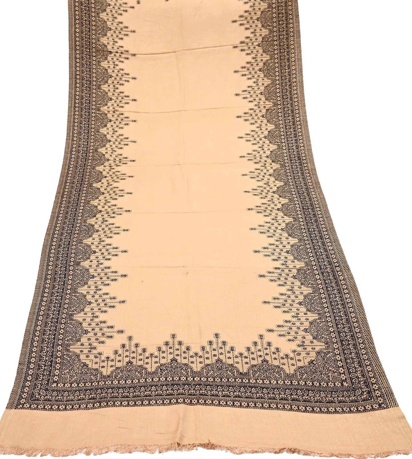 Vintage Stole Beige Viscose Handmade Woven Long Throw Warm Stole Floral Design Fringes