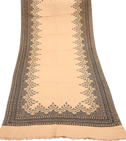 Vintage Stole Beige Viscose Handmade Woven Long Throw Warm Stole Floral Design Fringes