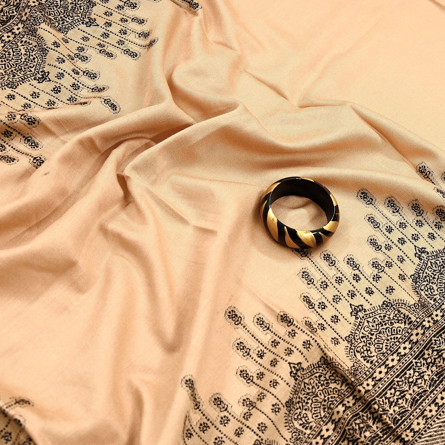 Vintage Stole Beige Viscose Handmade Woven Long Throw Warm Stole Floral Design Fringes