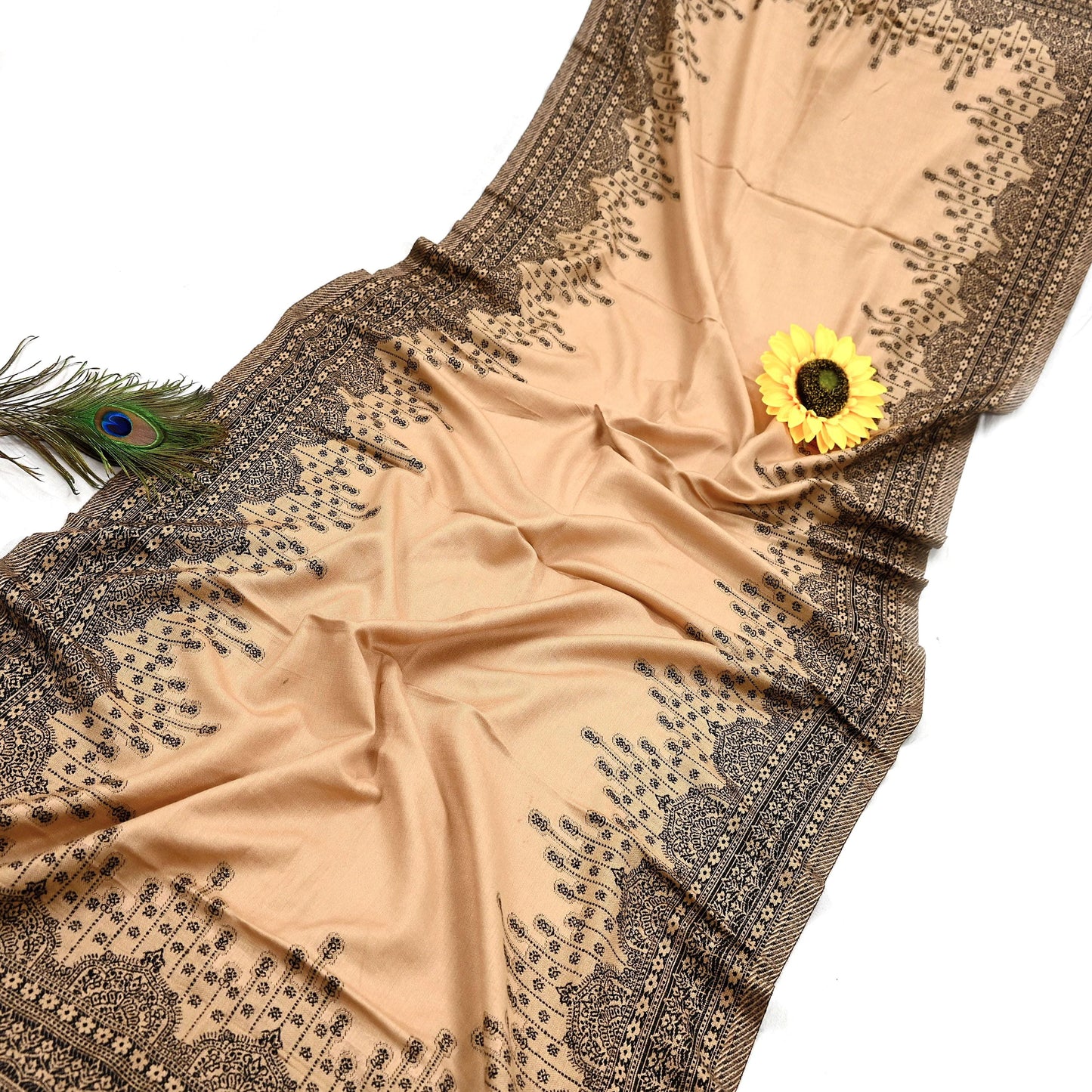 Vintage Stole Beige Viscose Handmade Woven Long Throw Warm Stole Floral Design Fringes