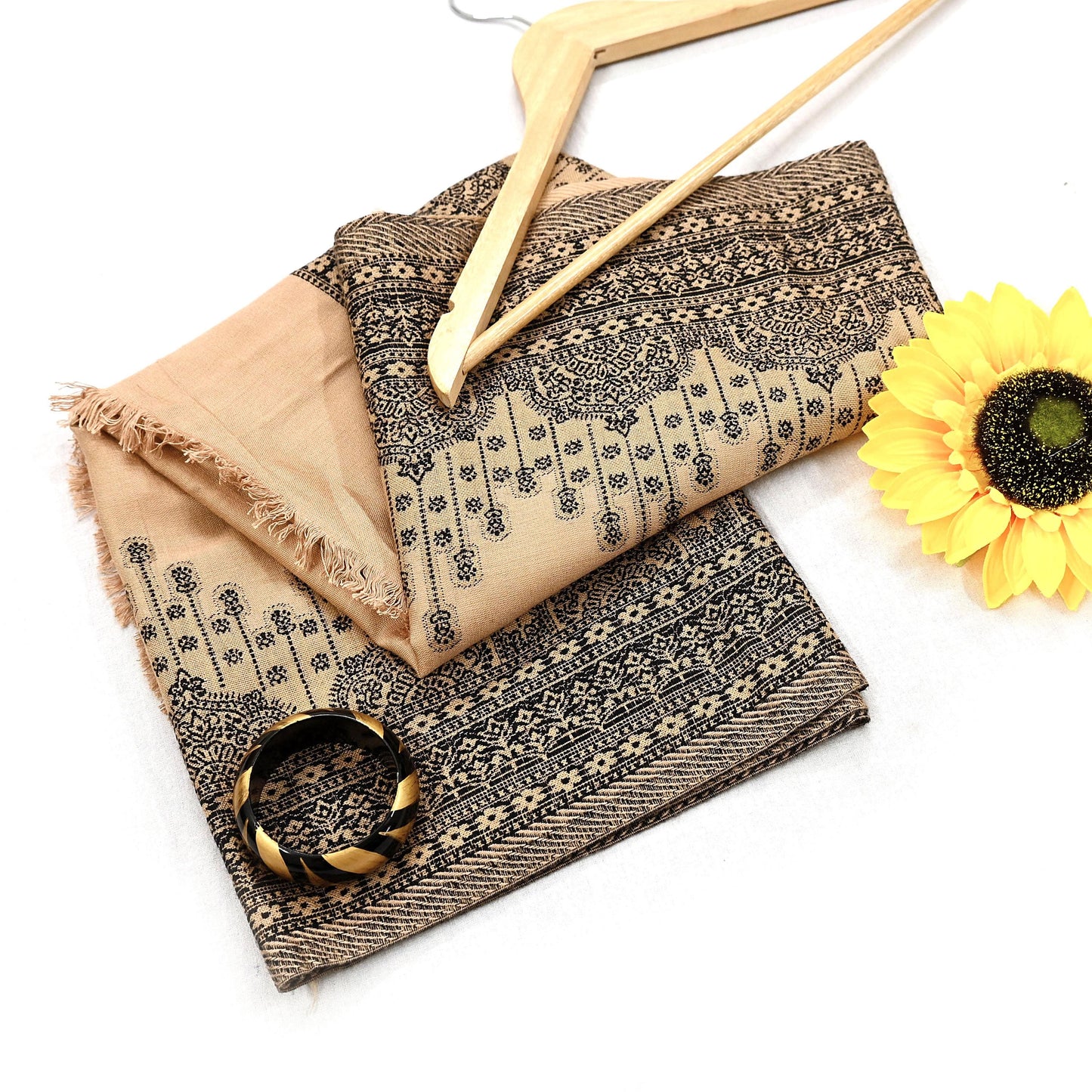 Vintage Stole Beige Viscose Handmade Woven Long Throw Warm Stole Floral Design Fringes