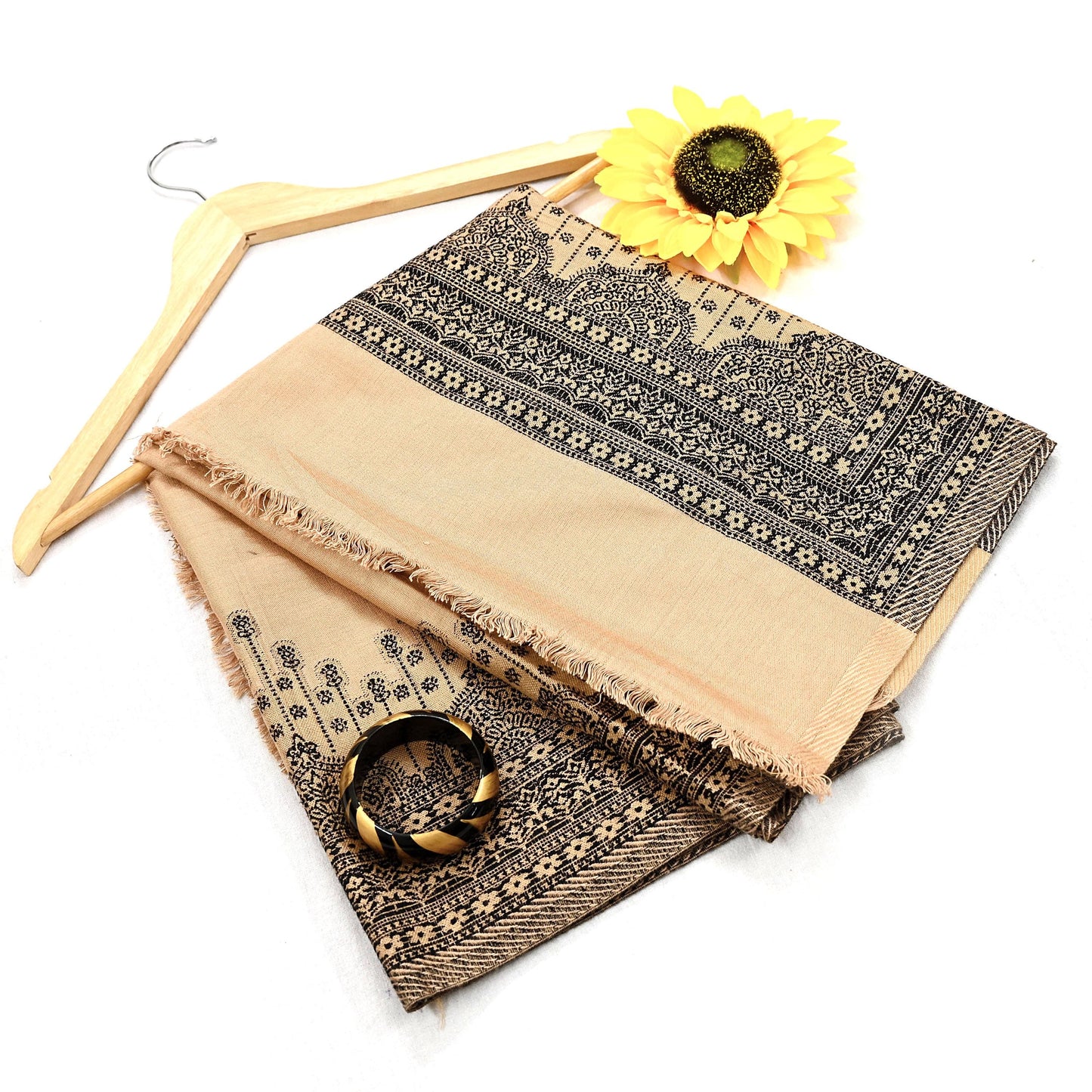 Vintage Stole Beige Viscose Handmade Woven Long Throw Warm Stole Floral Design Fringes