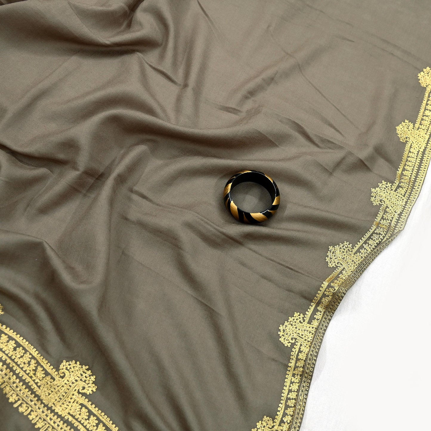 Vintage Gray Shawl Pure Woolen Hand Embroidered Golden Zari Long Throw Stole Warm Stole Floral Design Soft