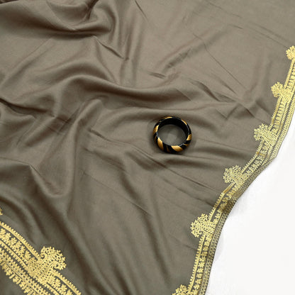 Vintage Gray Shawl Pure Woolen Hand Embroidered Golden Zari Long Throw Stole Warm Stole Floral Design Soft