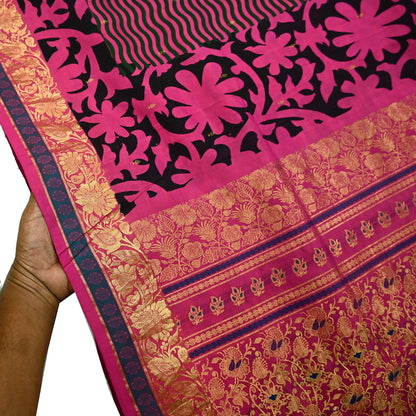 Indian Vintage Heavy Saree Pink & Black Hand Woven Kanjivaram 100% Pure Silk Sari Fabric 5Yard Ethnic Zari