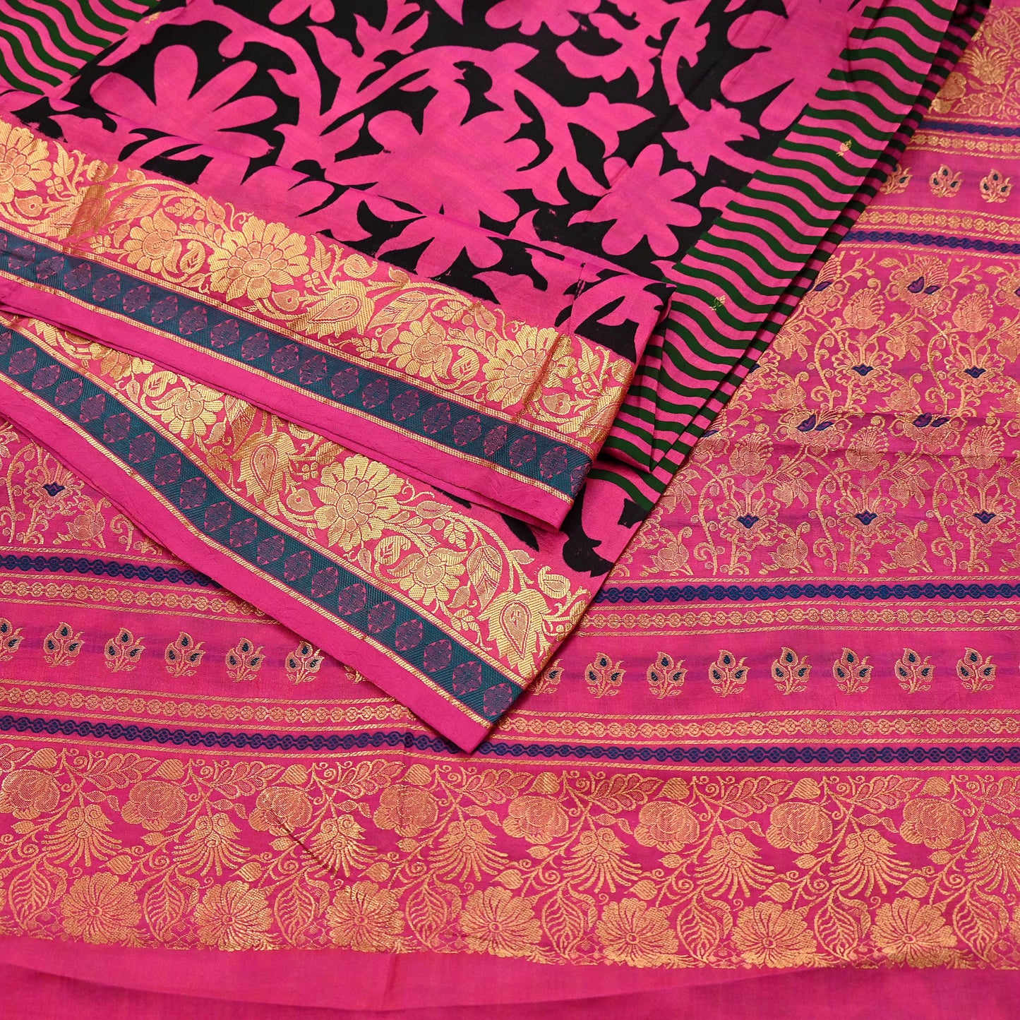 Indian Vintage Heavy Saree Pink & Black Hand Woven Kanjivaram 100% Pure Silk Sari Fabric 5Yard Ethnic Zari