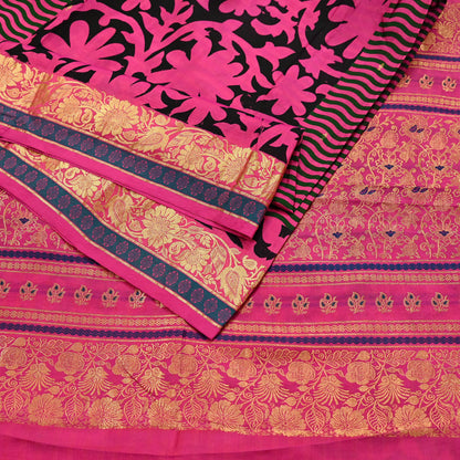 Indian Vintage Heavy Saree Pink & Black Hand Woven Kanjivaram 100% Pure Silk Sari Fabric 5Yard Ethnic Zari