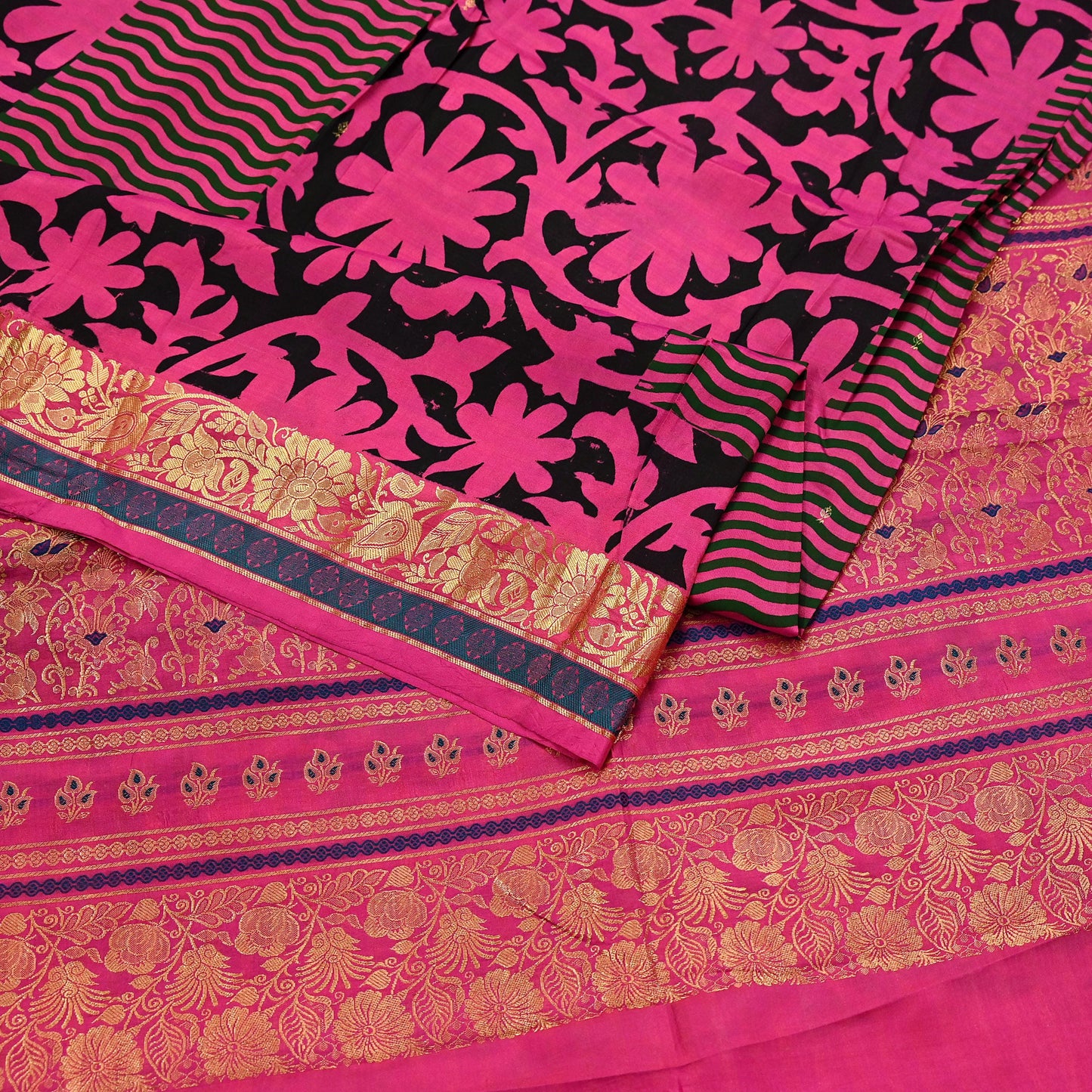 Indian Vintage Heavy Saree Pink & Black Hand Woven Kanjivaram 100% Pure Silk Sari Fabric 5Yard Ethnic Zari
