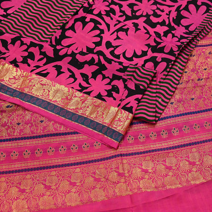 Indian Vintage Heavy Saree Pink & Black Hand Woven Kanjivaram 100% Pure Silk Sari Fabric 5Yard Ethnic Zari
