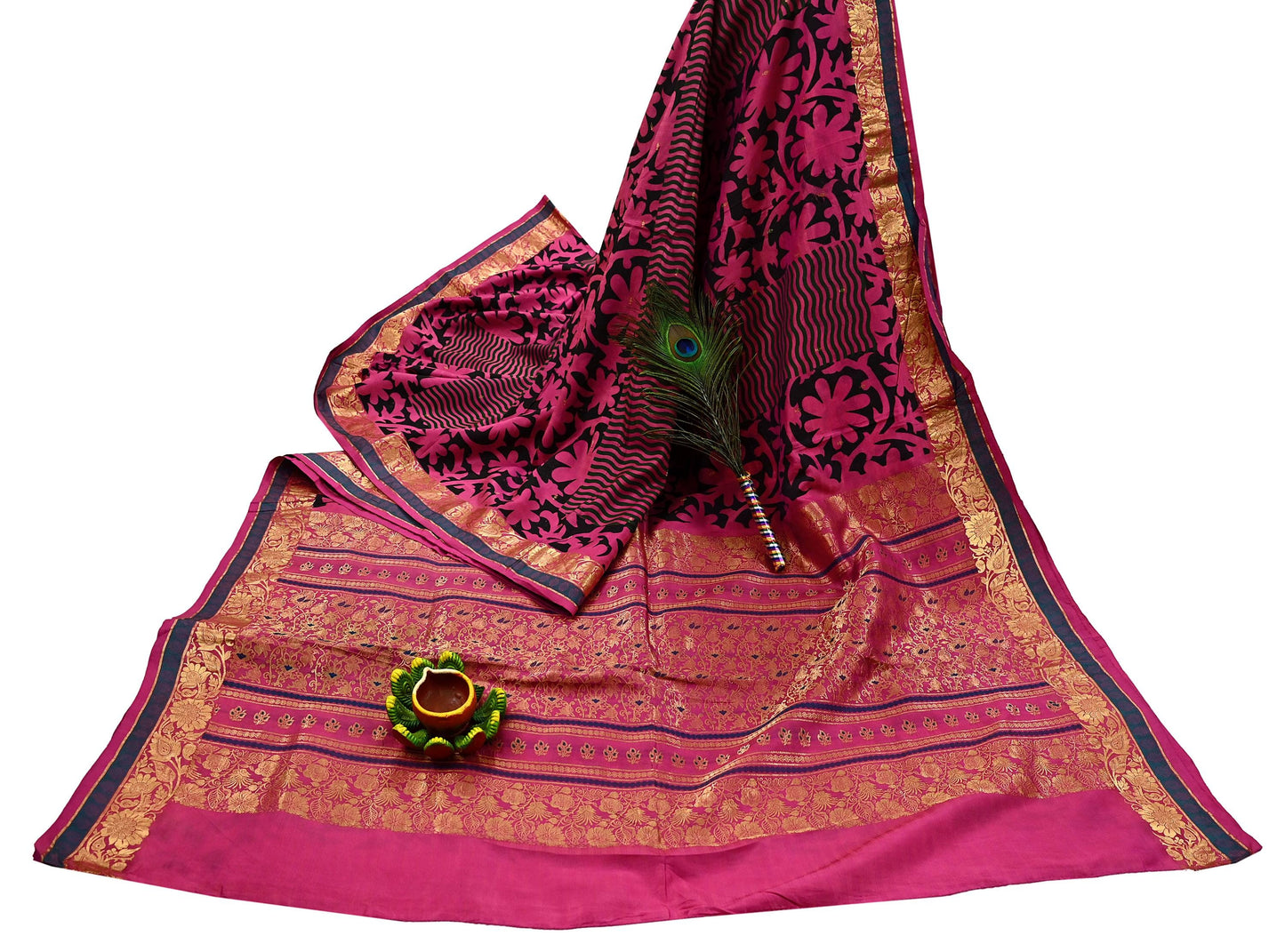 Indian Vintage Heavy Saree Pink & Black Hand Woven Kanjivaram 100% Pure Silk Sari Fabric 5Yard Ethnic Zari