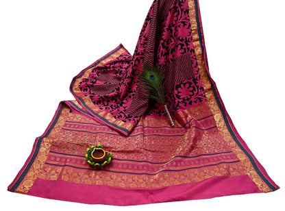 Indian Vintage Heavy Saree Pink & Black Hand Woven Kanjivaram 100% Pure Silk Sari Fabric 5Yard Ethnic Zari