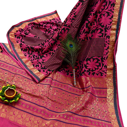 Indian Vintage Heavy Saree Pink & Black Hand Woven Kanjivaram 100% Pure Silk Sari Fabric 5Yard Ethnic Zari