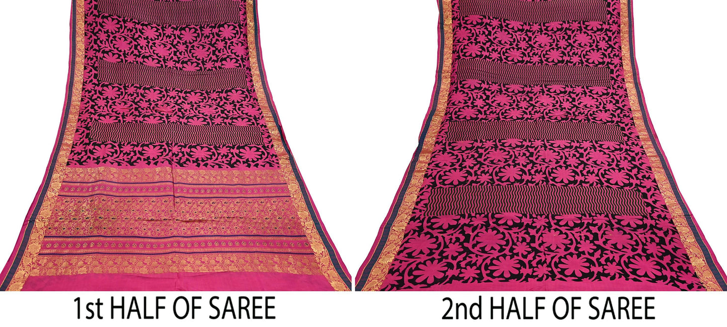 Indian Vintage Heavy Saree Pink & Black Hand Woven Kanjivaram 100% Pure Silk Sari Fabric 5Yard Ethnic Zari
