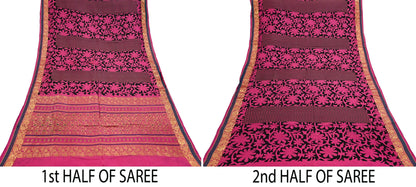 Indian Vintage Heavy Saree Pink & Black Hand Woven Kanjivaram 100% Pure Silk Sari Fabric 5Yard Ethnic Zari