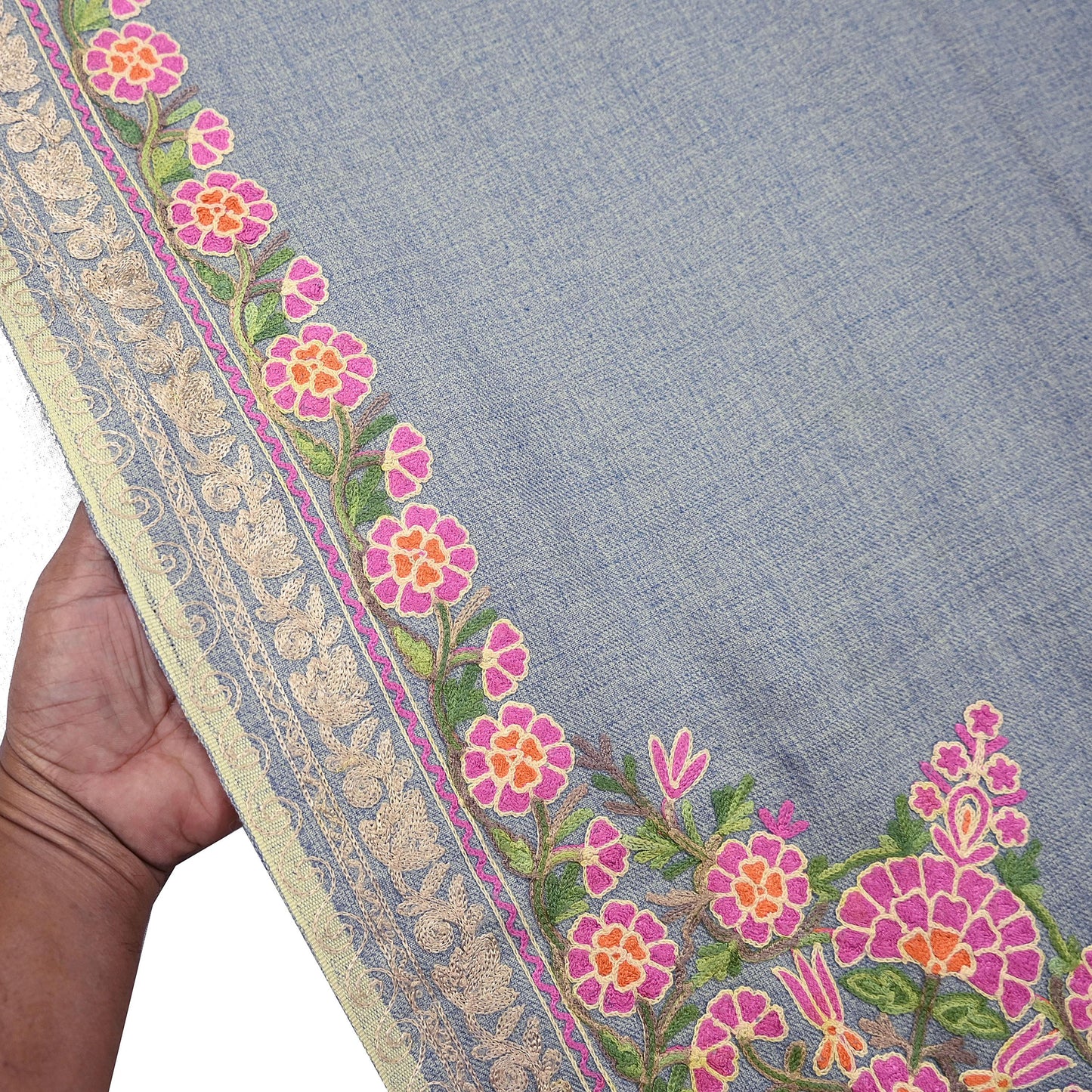 Vintage Stole Gray Viscose Handmade Ari work Long Throw Warm Stole Floral Design Fringes