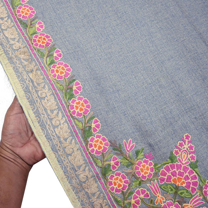 Vintage Stole Gray Viscose Handmade Ari work Long Throw Warm Stole Floral Design Fringes