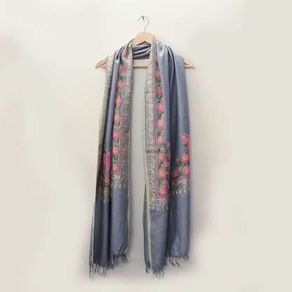 Vintage Stole Gray Viscose Handmade Ari work Long Throw Warm Stole Floral Design Fringes