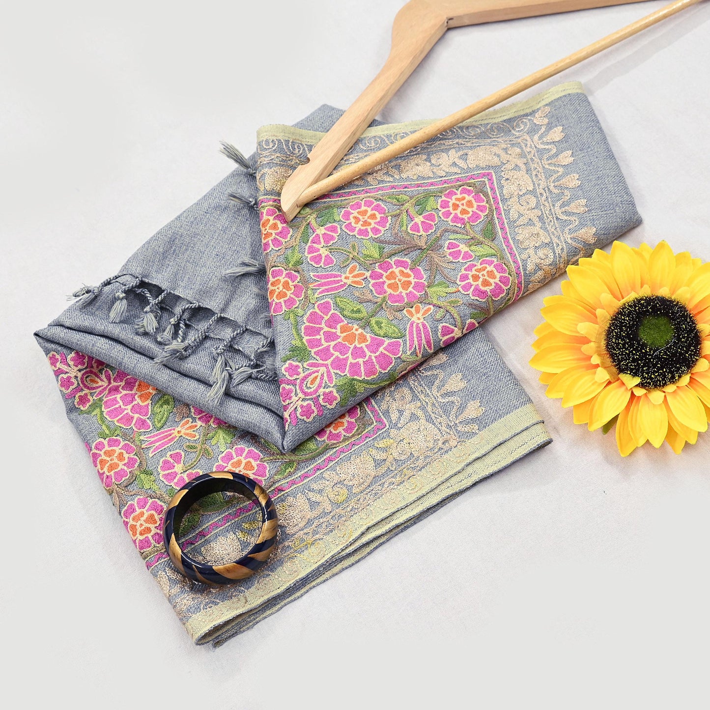 Vintage Stole Gray Viscose Handmade Ari work Long Throw Warm Stole Floral Design Fringes