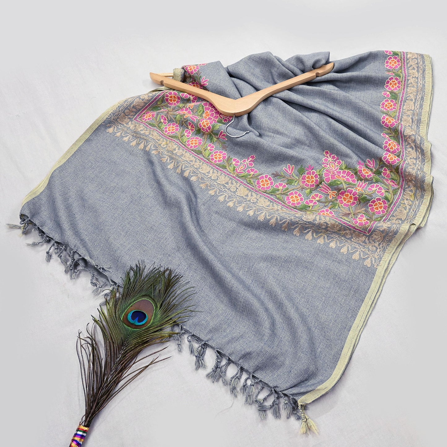 Vintage Stole Gray Viscose Handmade Ari work Long Throw Warm Stole Floral Design Fringes