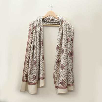 Indian Vintage Ivory Shawl Pure Woolen Handmade Suzani Long Throw Stole Warm Stole Paisley Design Soft Soft Cozy