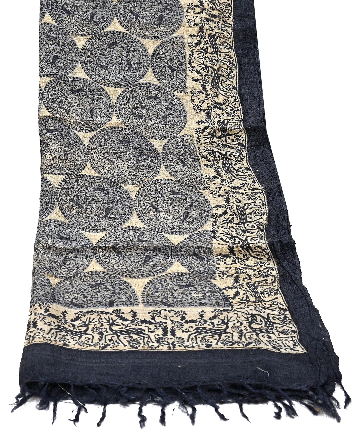 Indian Vintage Beige & Black Dupatta Long Stole 100% Pure Khadi Silk Hand Woven/ Printed Scarves Veil Scarf Wrap Hippie Fringes