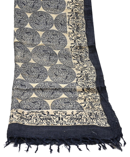 Indian Vintage Beige & Black Dupatta Long Stole 100% Pure Khadi Silk Hand Woven/ Printed Scarves Veil Scarf Wrap Hippie Fringes