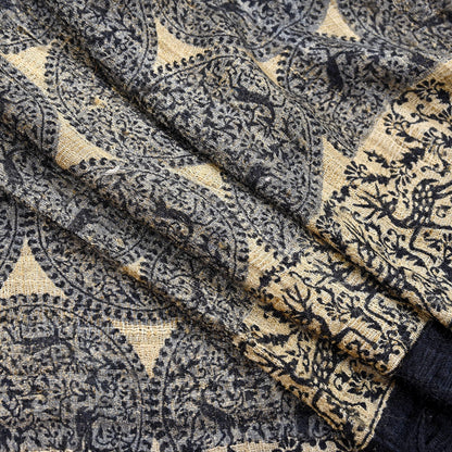 Indian Vintage Beige & Black Dupatta Long Stole 100% Pure Khadi Silk Hand Woven/ Printed Scarves Veil Scarf Wrap Hippie Fringes