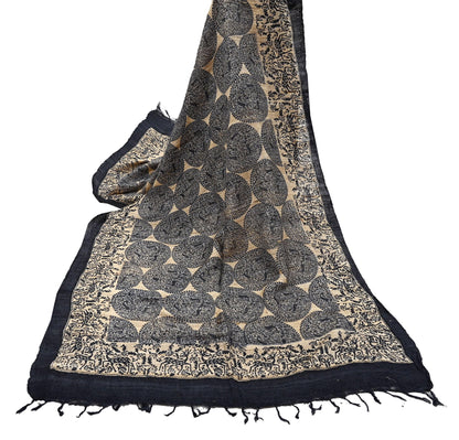 Indian Vintage Beige & Black Dupatta Long Stole 100% Pure Khadi Silk Hand Woven/ Printed Scarves Veil Scarf Wrap Hippie Fringes