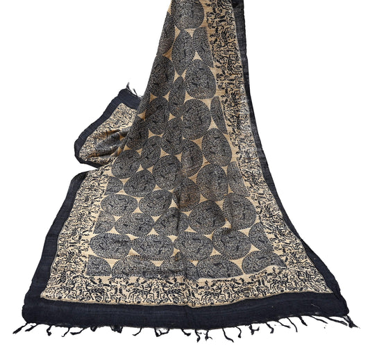 Indian Vintage Beige & Black Dupatta Long Stole 100% Pure Khadi Silk Hand Woven/ Printed Scarves Veil Scarf Wrap Hippie Fringes