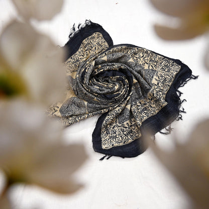 Indian Vintage Beige & Black Dupatta Long Stole 100% Pure Khadi Silk Hand Woven/ Printed Scarves Veil Scarf Wrap Hippie Fringes