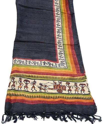 Indian Vintage Beige Dupatta Long Stole 100% Pure Khadi Silk Handloom warli Print Scarves Veil Scarf Wrap Hippie Fringes