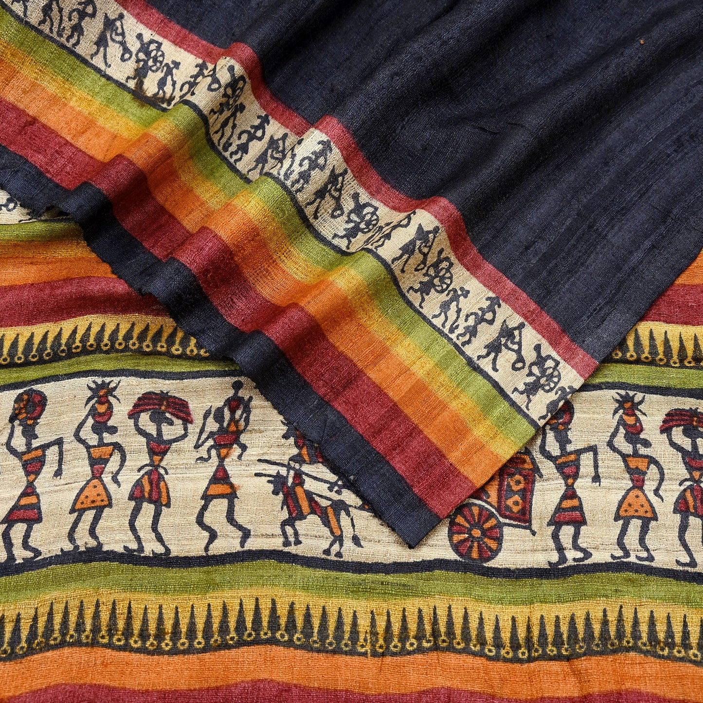 Indian Vintage Beige Dupatta Long Stole 100% Pure Khadi Silk Handloom warli Print Scarves Veil Scarf Wrap Hippie Fringes