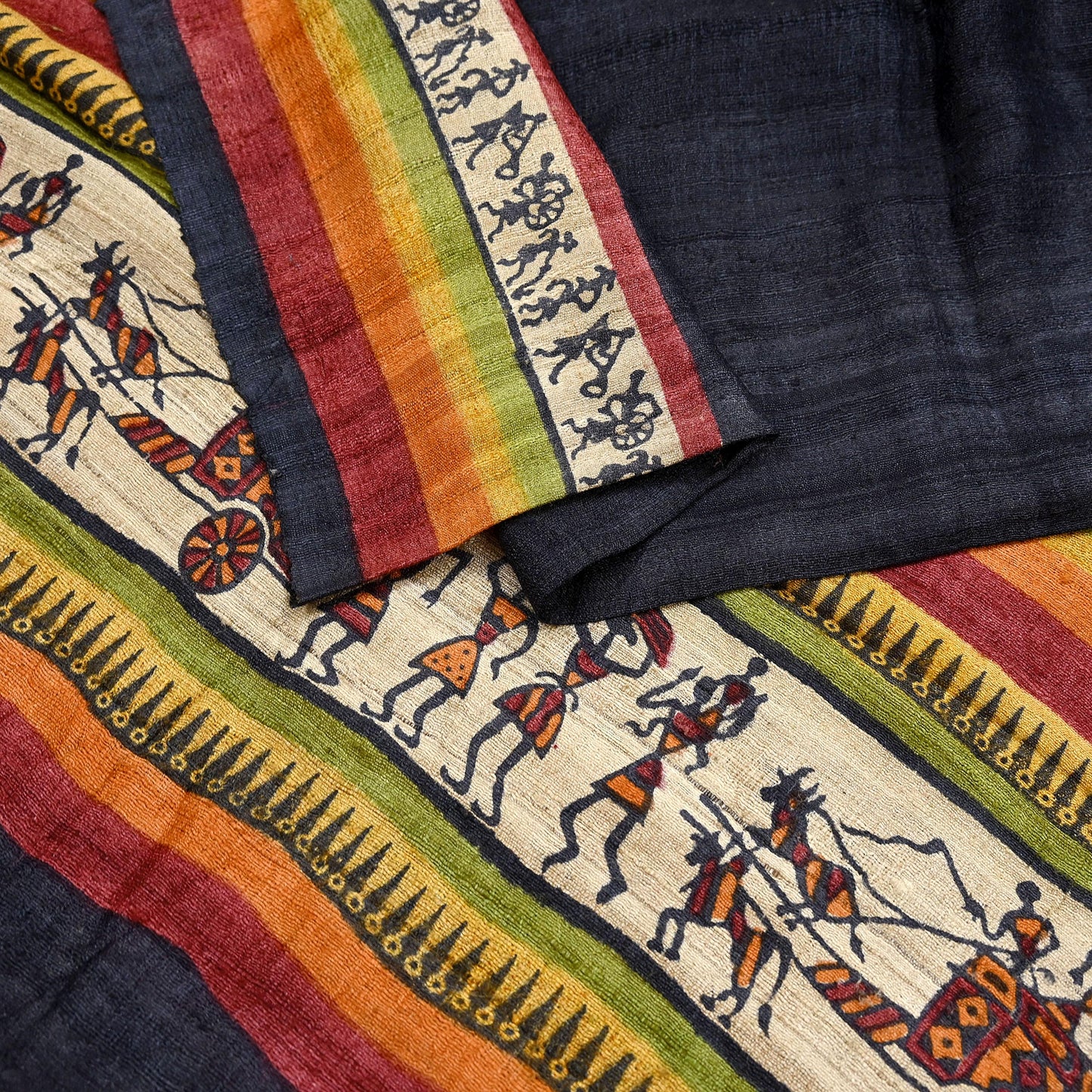 Indian Vintage Beige Dupatta Long Stole 100% Pure Khadi Silk Handloom warli Print Scarves Veil Scarf Wrap Hippie Fringes