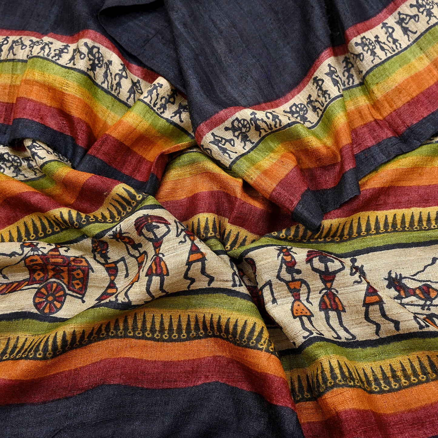 Indian Vintage Beige Dupatta Long Stole 100% Pure Khadi Silk Handloom warli Print Scarves Veil Scarf Wrap Hippie Fringes