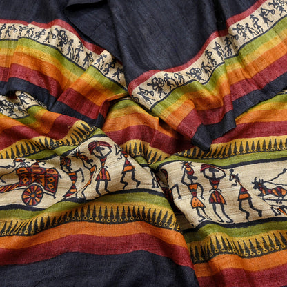 Indian Vintage Beige Dupatta Long Stole 100% Pure Khadi Silk Handloom warli Print Scarves Veil Scarf Wrap Hippie Fringes