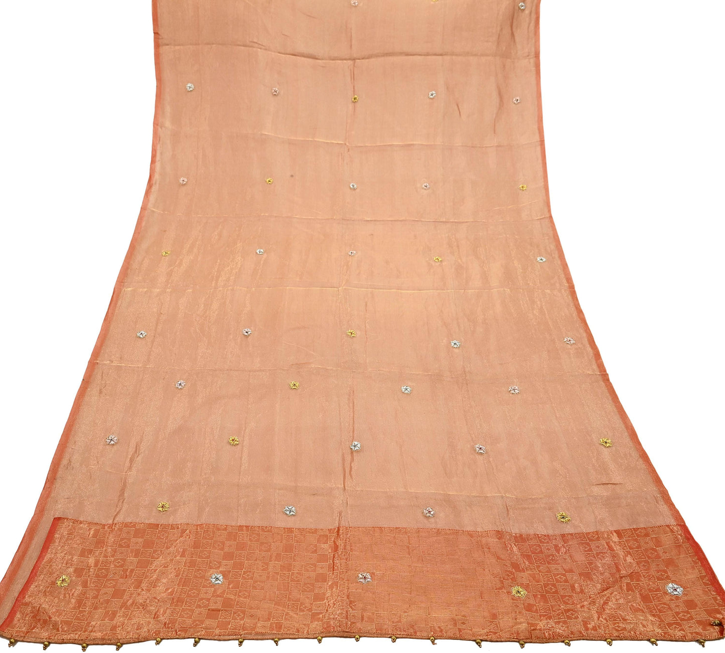 Indian Vintage Dupatta Orange Long Stole Hand Embroidered Pure Tissue Silk Scarves Veil Zardozi Zari Soft Scarf Wrap Boho