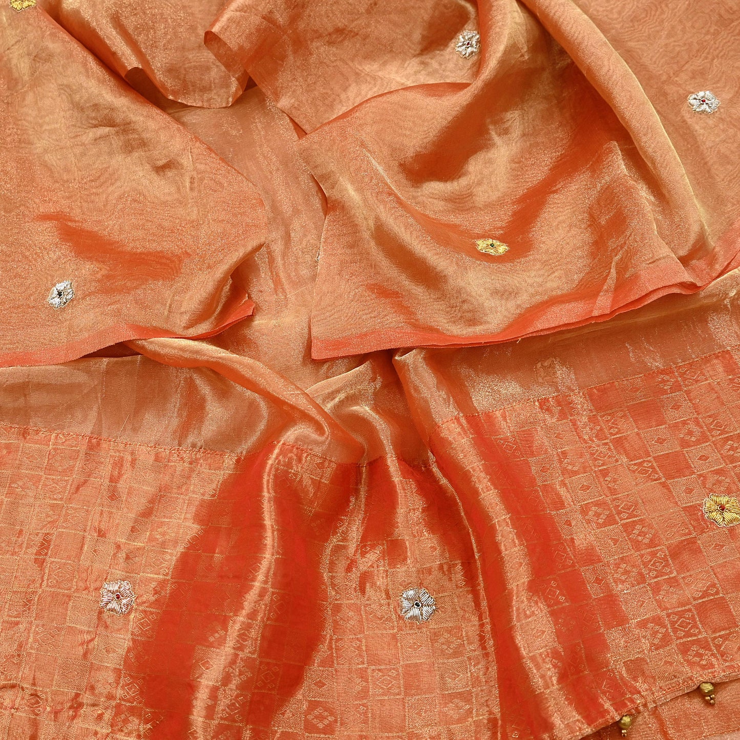 Indian Vintage Dupatta Orange Long Stole Hand Embroidered Pure Tissue Silk Scarves Veil Zardozi Zari Soft Scarf Wrap Boho