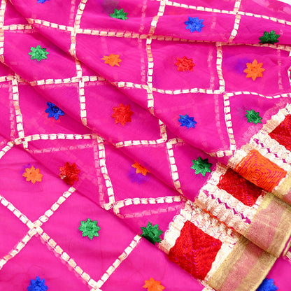 Indian Vintage Pink Dupatta Long Stole Pure Chiffon Silk Hand Embroidered Bagh Phulkari Stole Scarves Golden Lace