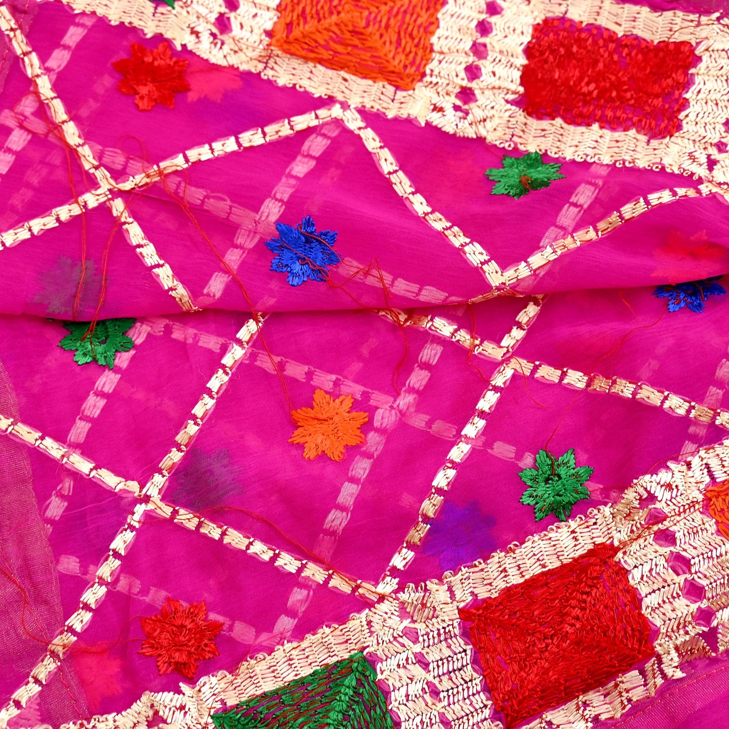 Indian Vintage Pink Dupatta Long Stole Pure Chiffon Silk Hand Embroidered Bagh Phulkari Stole Scarves Golden Lace