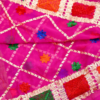 Indian Vintage Pink Dupatta Long Stole Pure Chiffon Silk Hand Embroidered Bagh Phulkari Stole Scarves Golden Lace