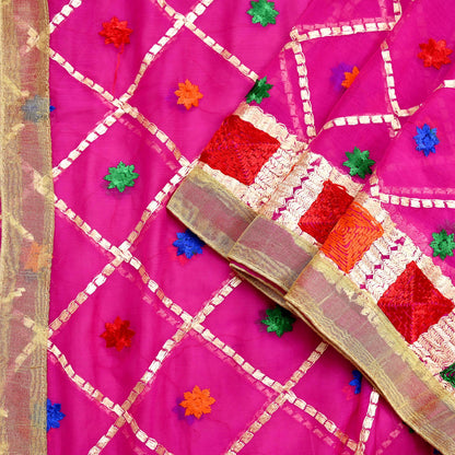 Indian Vintage Pink Dupatta Long Stole Pure Chiffon Silk Hand Embroidered Bagh Phulkari Stole Scarves Golden Lace