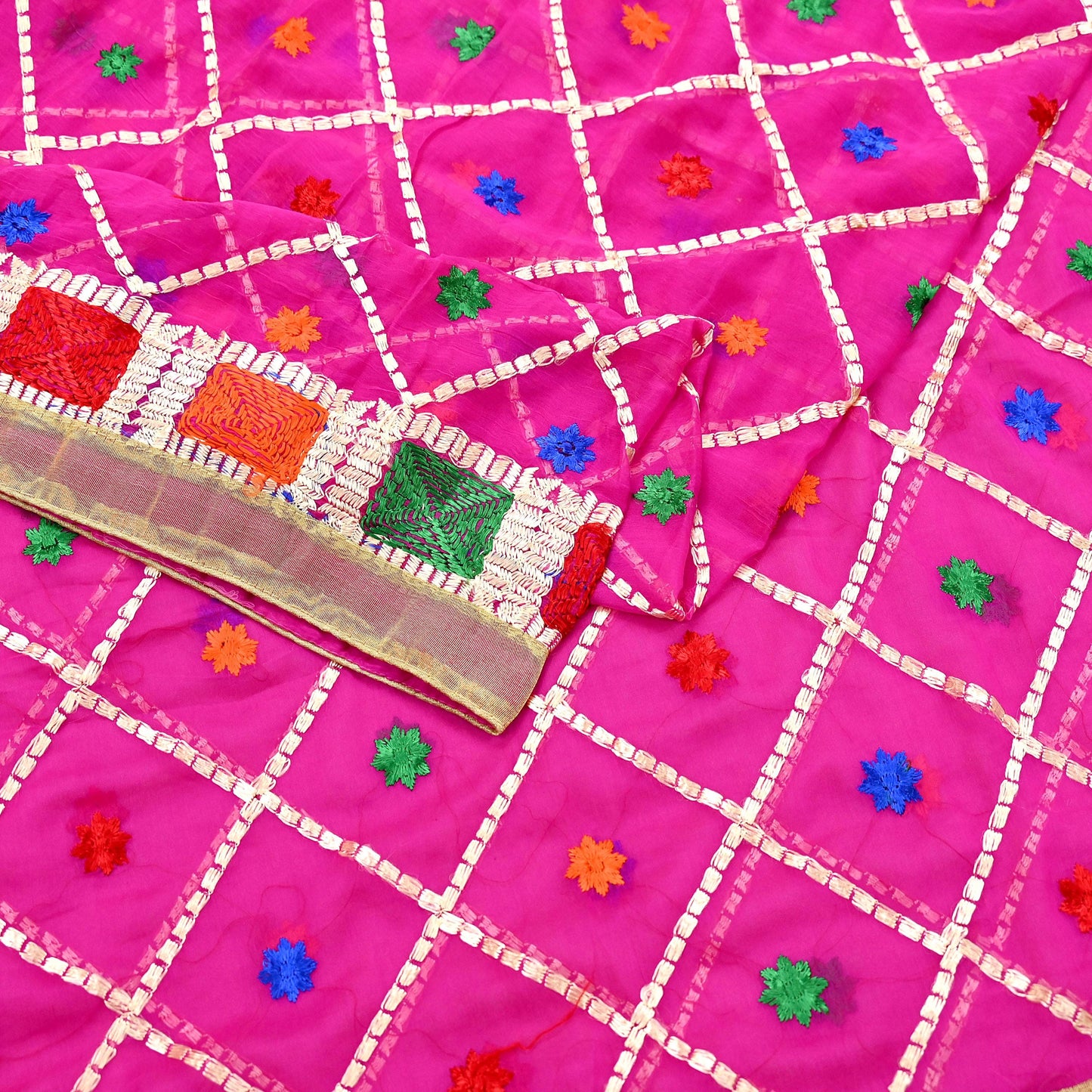 Indian Vintage Pink Dupatta Long Stole Pure Chiffon Silk Hand Embroidered Bagh Phulkari Stole Scarves Golden Lace