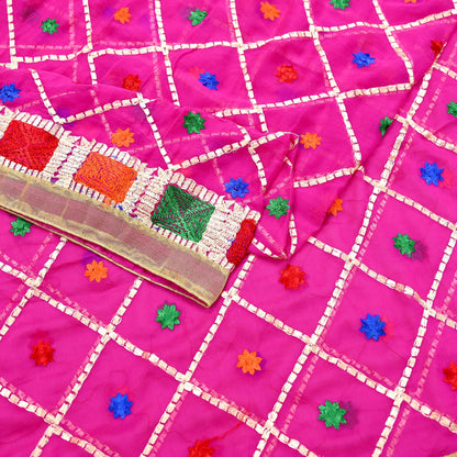 Indian Vintage Pink Dupatta Long Stole Pure Chiffon Silk Hand Embroidered Bagh Phulkari Stole Scarves Golden Lace